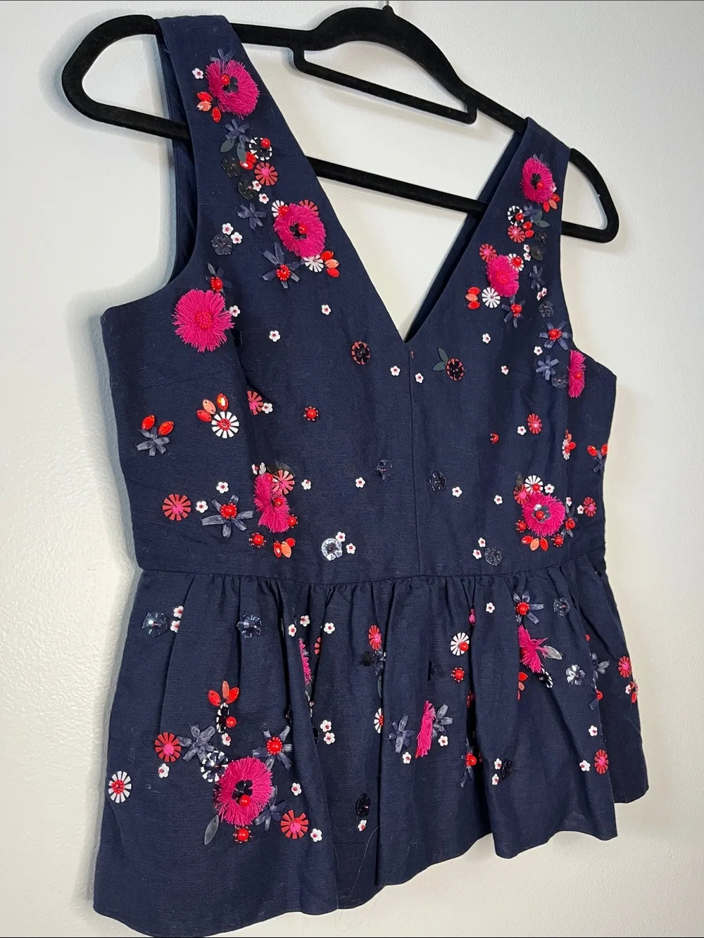 NWT J. crew navy blue embellished beaded floral peplum top zip close V-neck